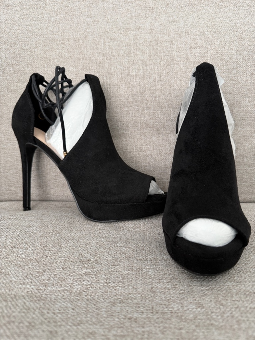 NEW! Black Suede Peep-Toe Lace-Up Stiletto Heeled Boots